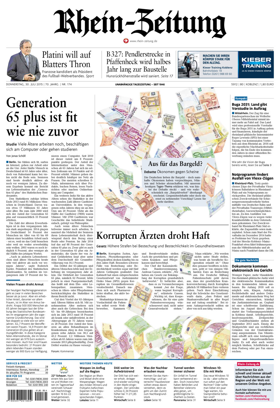 Rhein-Zeitung Koblenz & Region vom Donnerstag, 30.07.2015