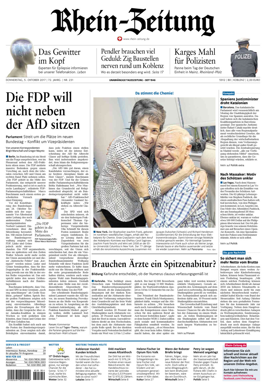 Rhein-Zeitung Koblenz & Region vom Donnerstag, 05.10.2017