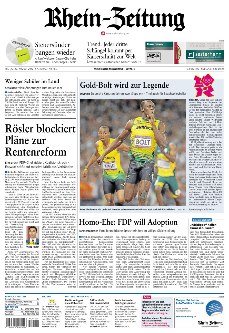 Rhein-Zeitung Koblenz & Region vom Freitag, 10.08.2012