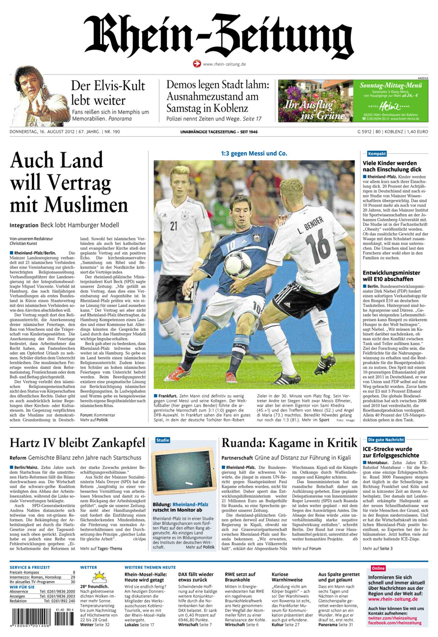 Rhein-Zeitung Koblenz & Region vom Donnerstag, 16.08.2012