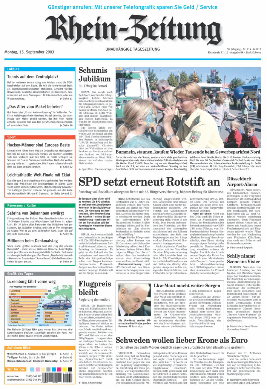 Rhein-Zeitung Koblenz & Region vom Montag, 15.09.2003