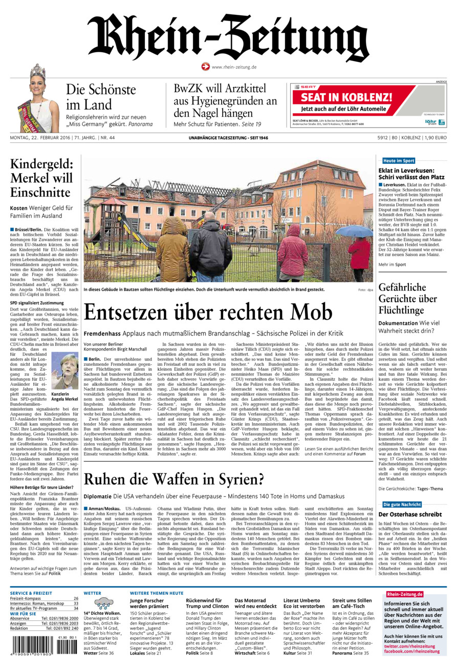 Rhein-Zeitung Koblenz & Region vom Montag, 22.02.2016