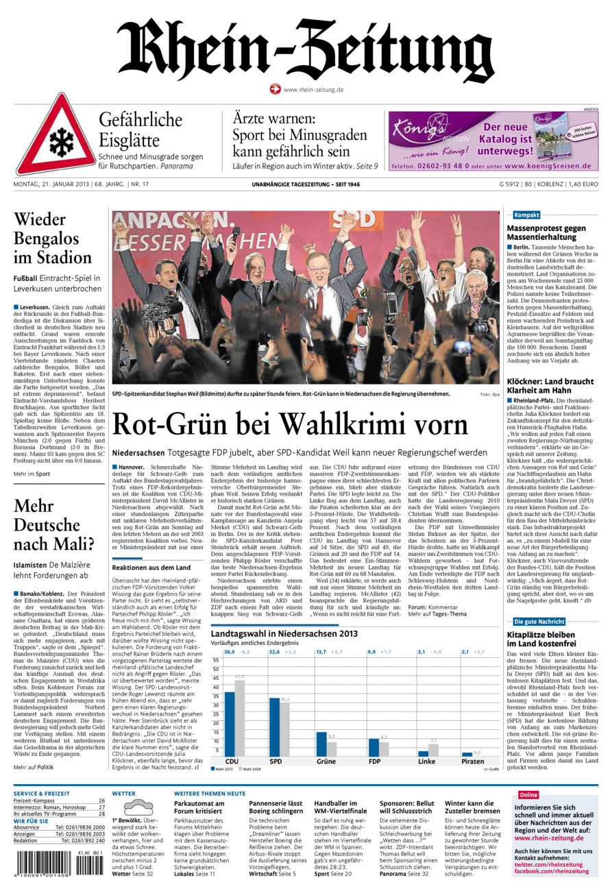 Rhein-Zeitung Koblenz & Region vom Montag, 21.01.2013