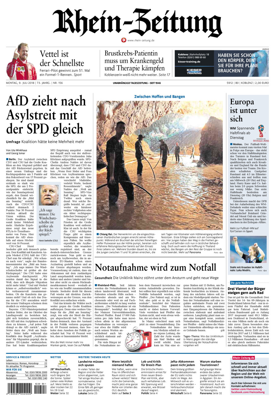 Rhein-Zeitung Koblenz & Region vom Montag, 09.07.2018