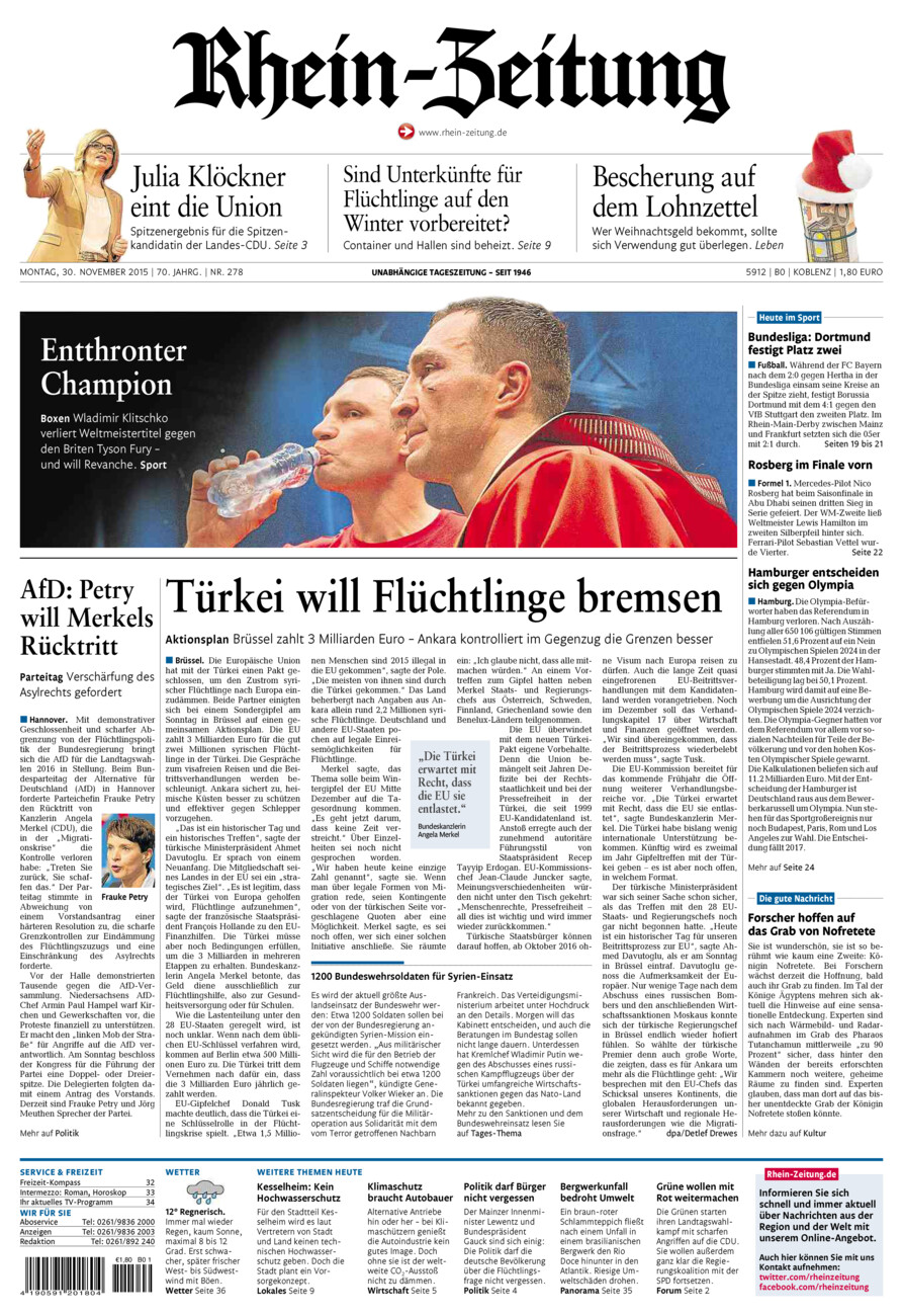 Rhein-Zeitung Koblenz & Region vom Montag, 30.11.2015