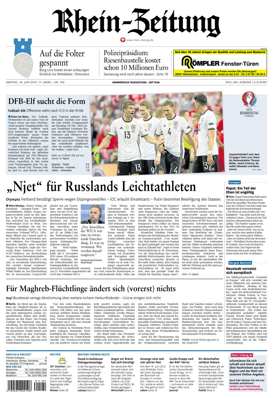 Rhein-Zeitung Koblenz & Region vom Samstag, 18.06.2016