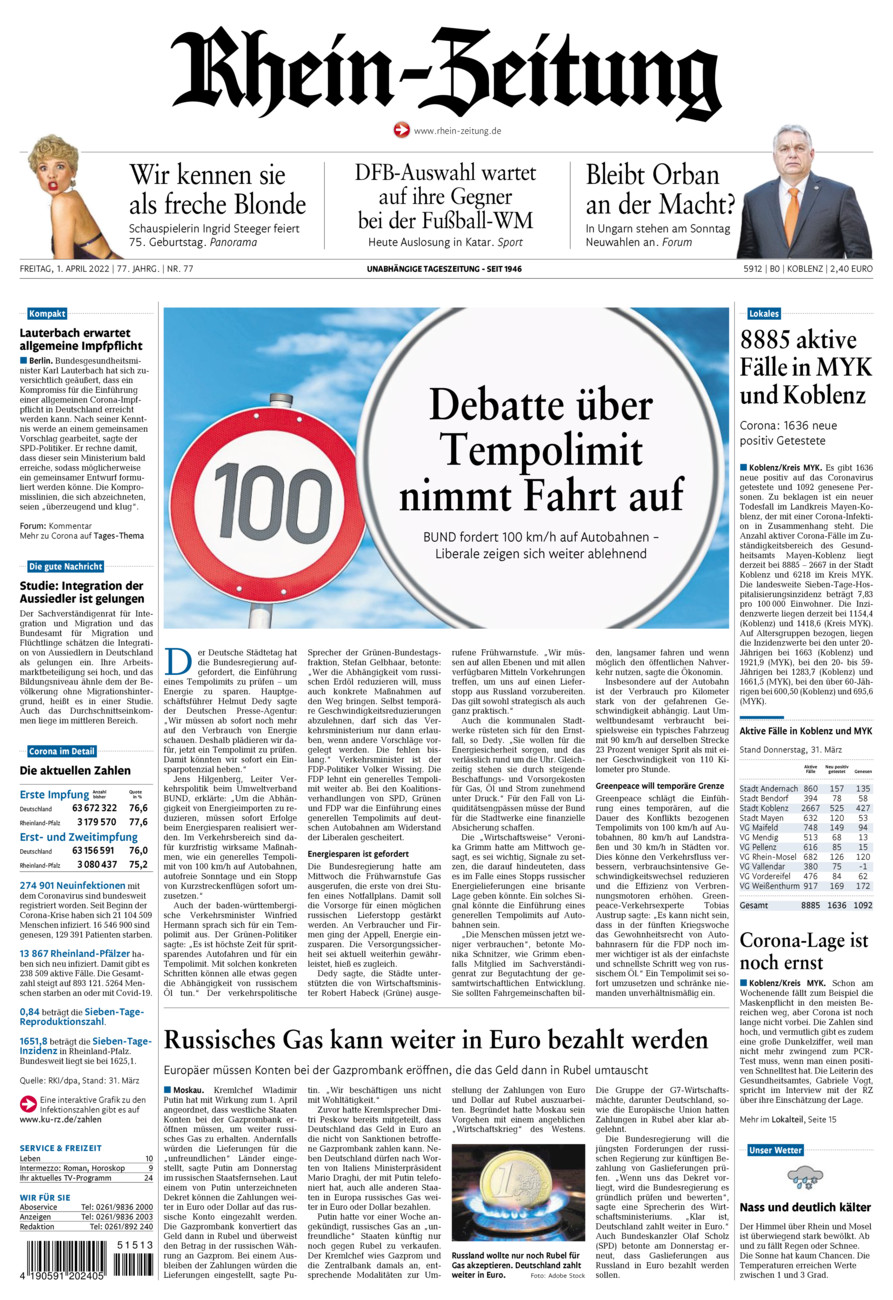 Rhein-Zeitung Koblenz & Region vom Freitag, 01.04.2022