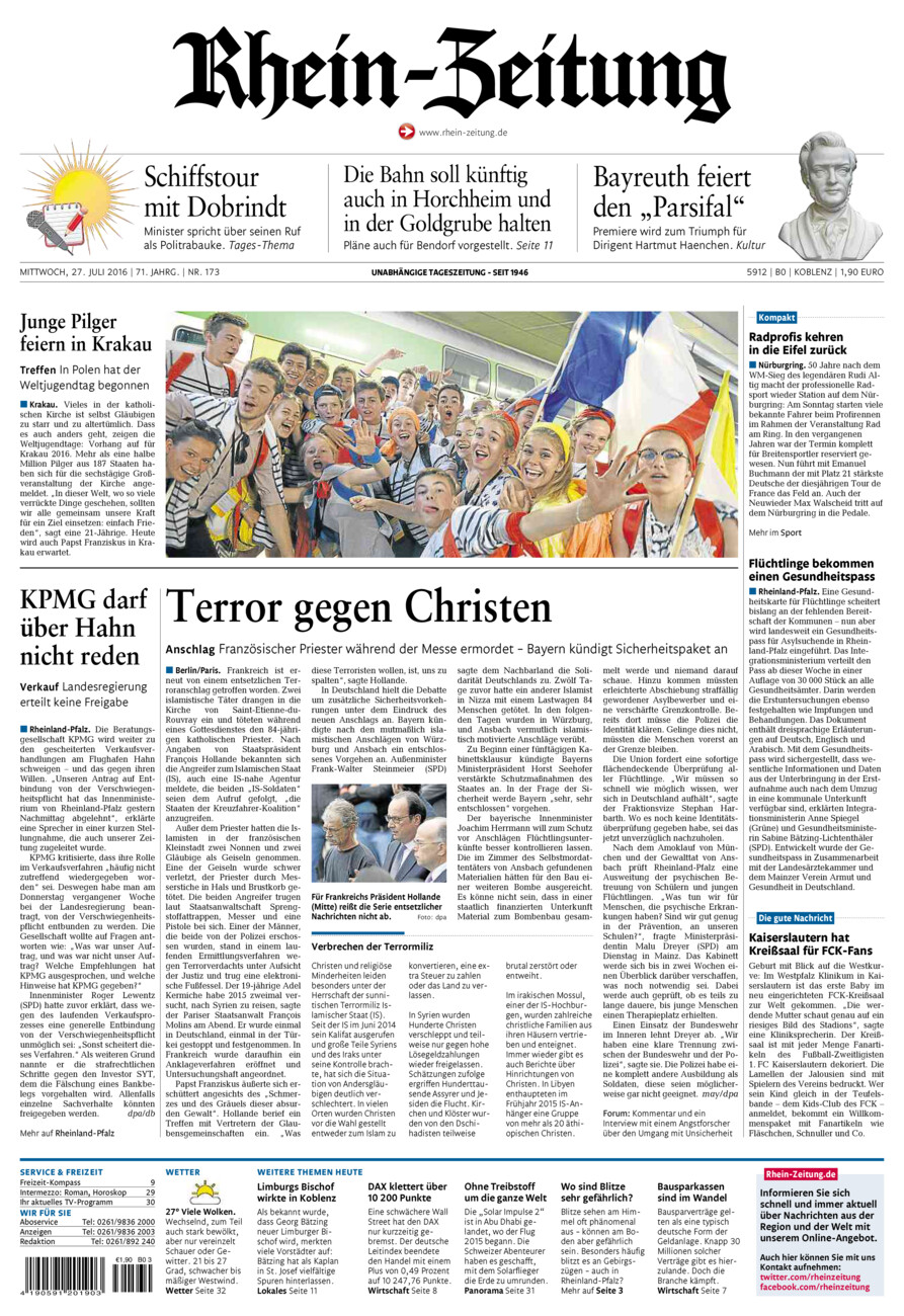 Rhein-Zeitung Koblenz & Region vom Mittwoch, 27.07.2016