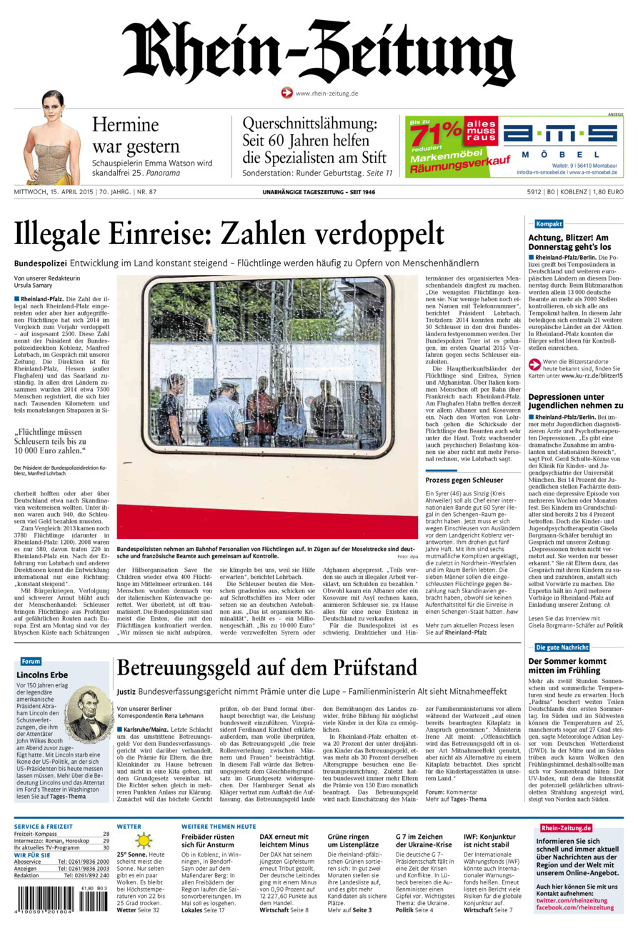 Rhein-Zeitung Koblenz & Region vom Mittwoch, 15.04.2015