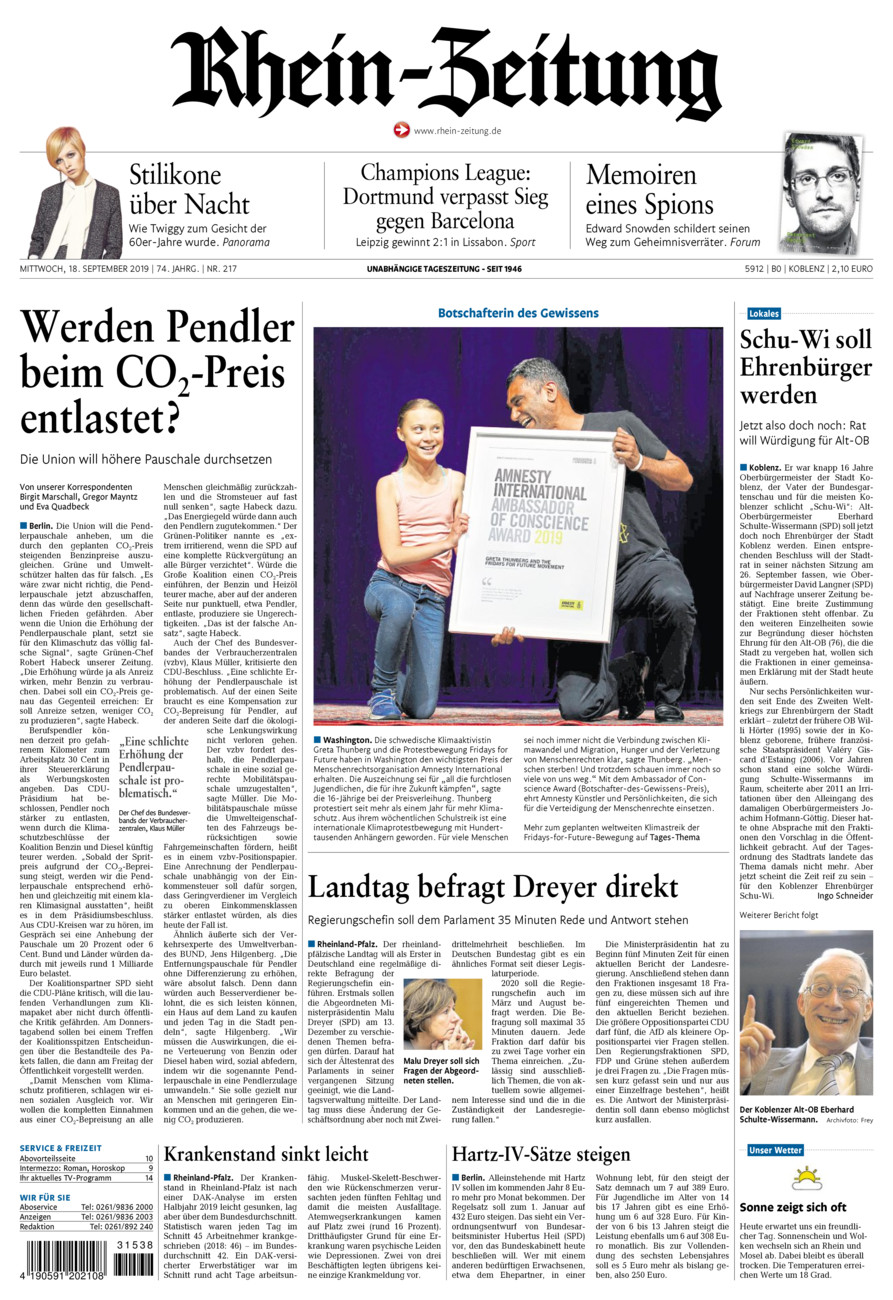 Rhein-Zeitung Koblenz & Region vom Mittwoch, 18.09.2019