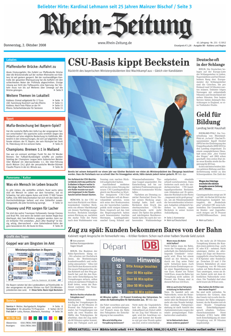 Rhein-Zeitung Koblenz & Region vom Donnerstag, 02.10.2008