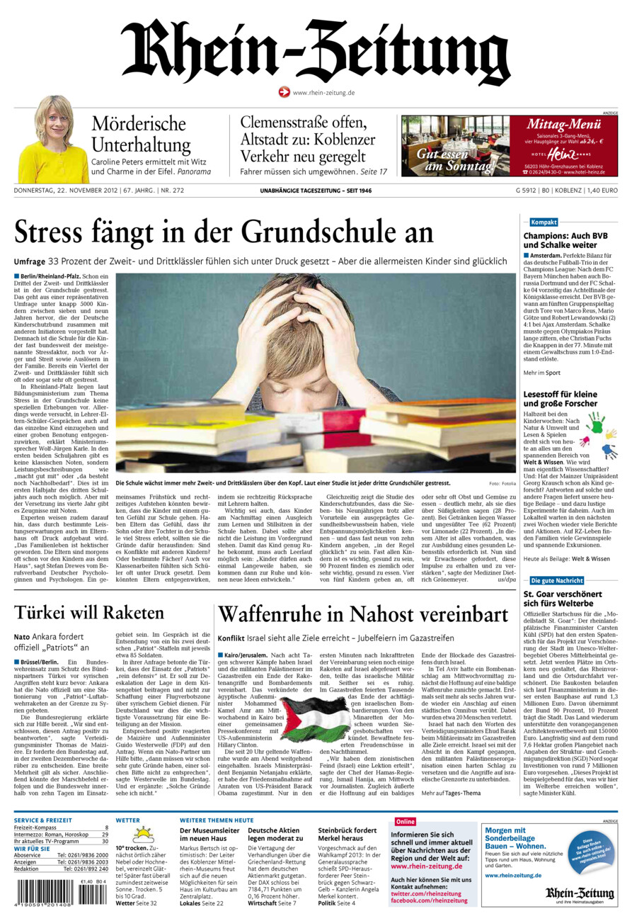 Rhein-Zeitung Koblenz & Region vom Donnerstag, 22.11.2012