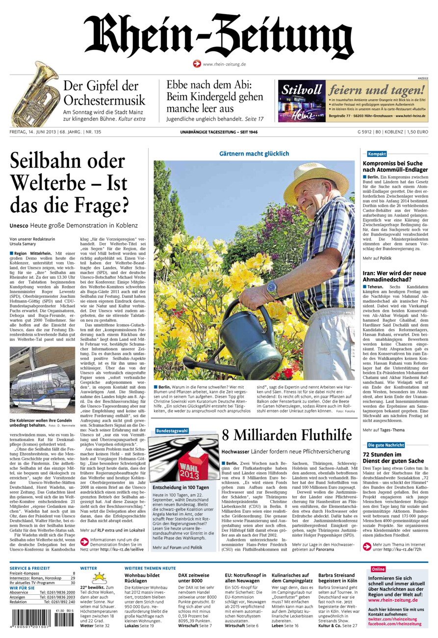 Rhein-Zeitung Koblenz & Region vom Freitag, 14.06.2013