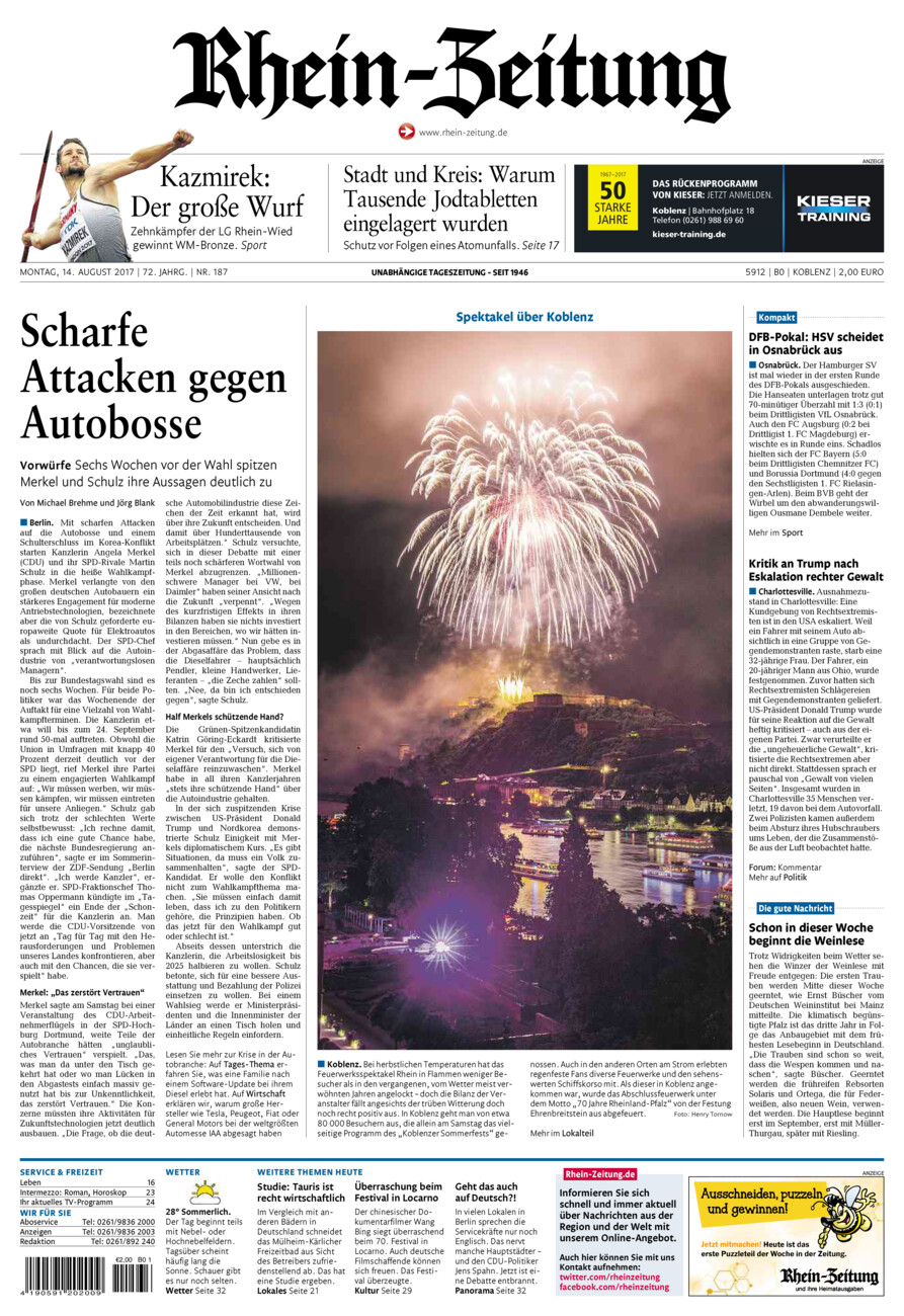 Rhein-Zeitung Koblenz & Region vom Montag, 14.08.2017