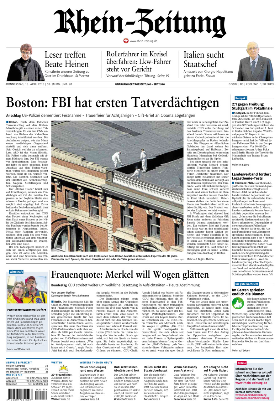 Rhein-Zeitung Koblenz & Region vom Donnerstag, 18.04.2013