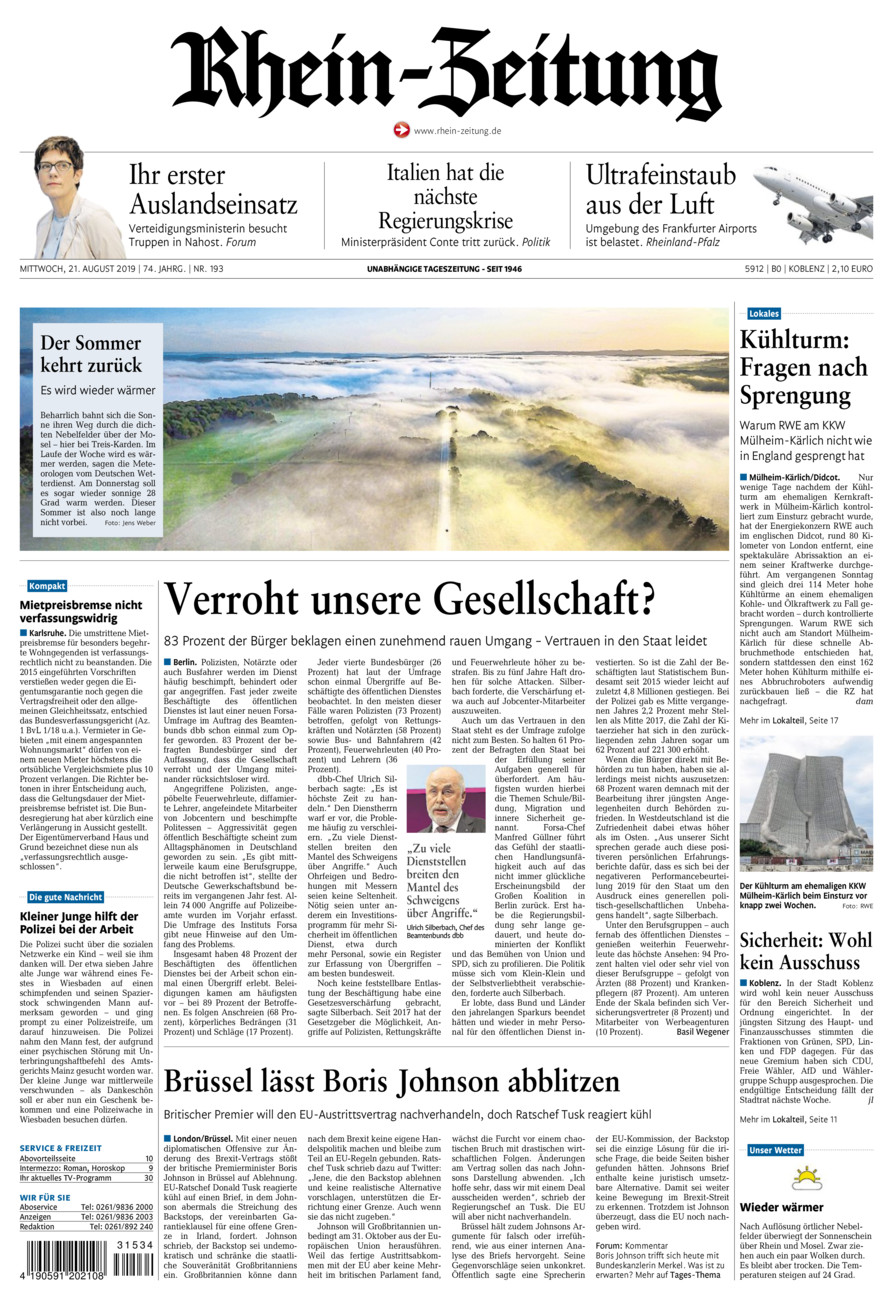 Rhein-Zeitung Koblenz & Region vom Mittwoch, 21.08.2019