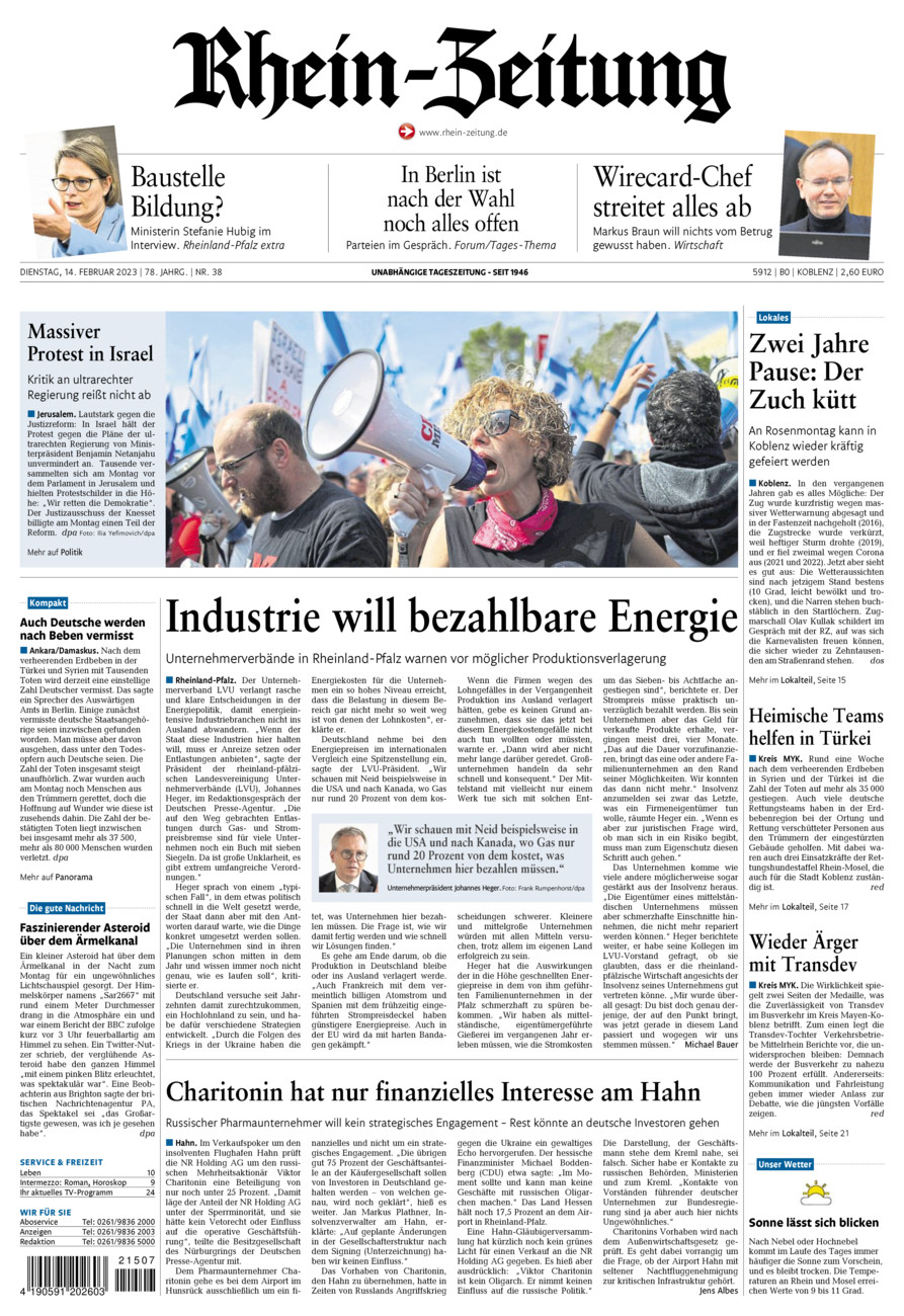 Rhein-Zeitung Koblenz & Region vom Dienstag, 14.02.2023