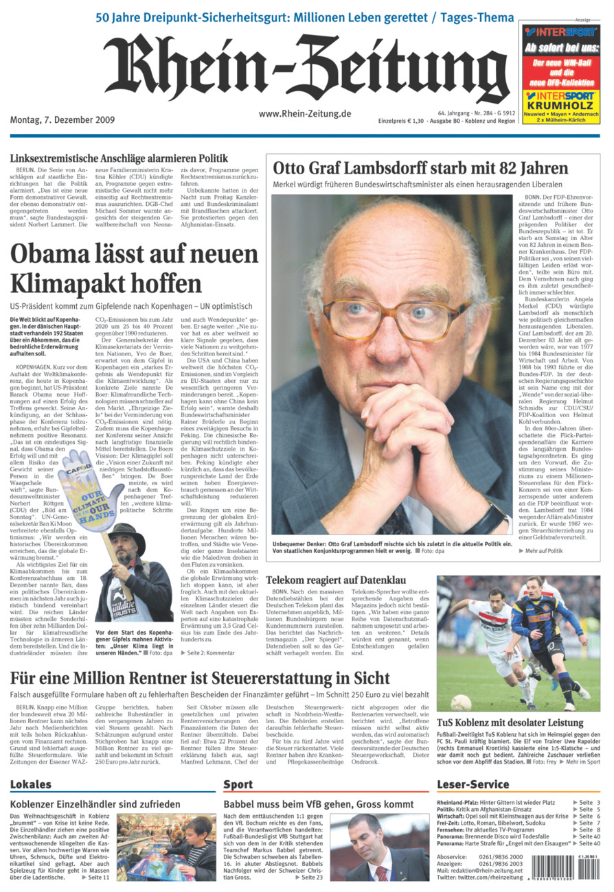 Rhein-Zeitung Koblenz & Region vom Montag, 07.12.2009