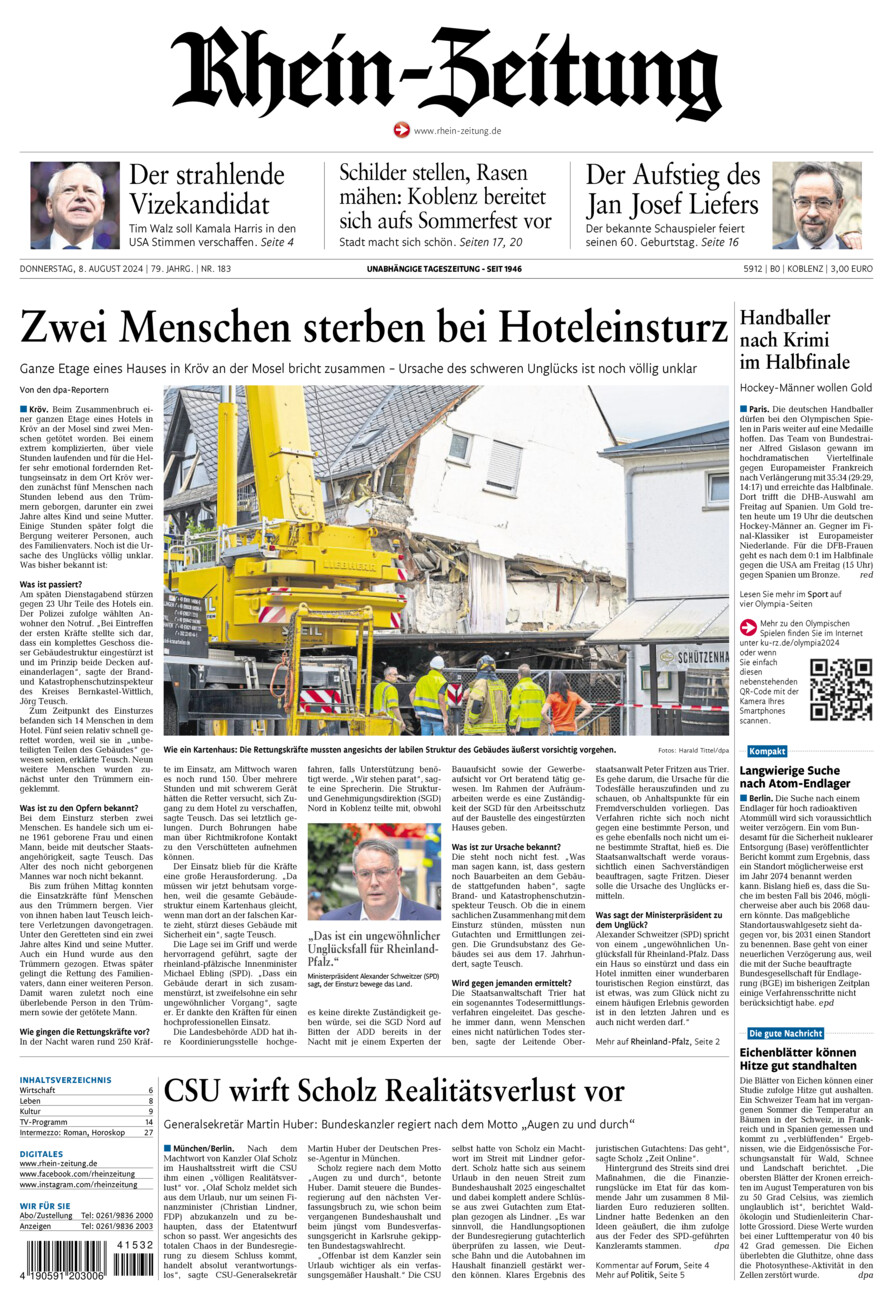 Rhein-Zeitung Koblenz & Region vom Donnerstag, 08.08.2024