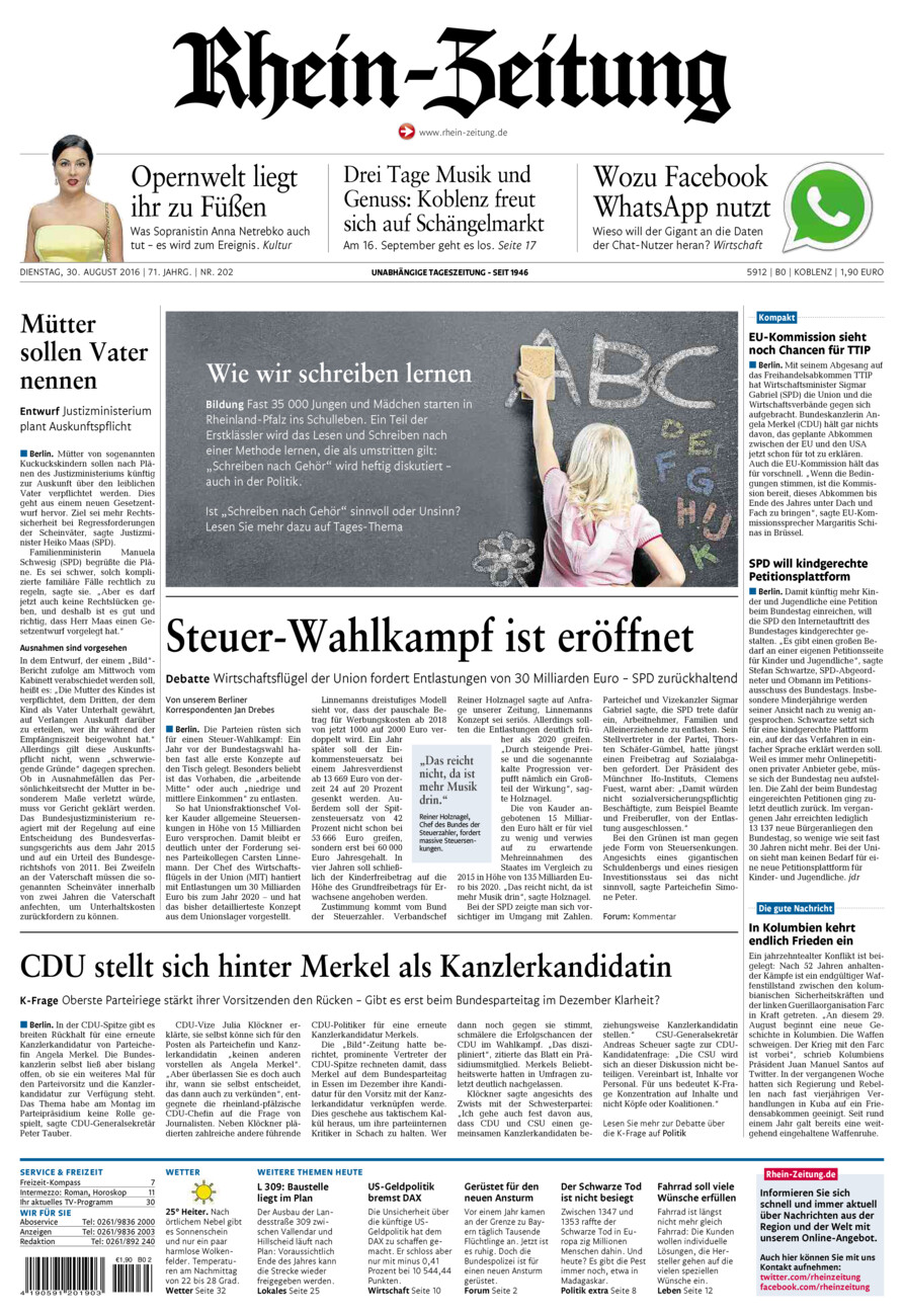 Rhein-Zeitung Koblenz & Region vom Dienstag, 30.08.2016