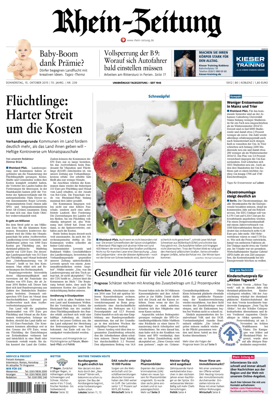 Rhein-Zeitung Koblenz & Region vom Donnerstag, 15.10.2015