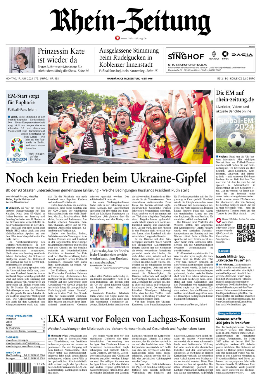Rhein-Zeitung Koblenz & Region vom Montag, 17.06.2024