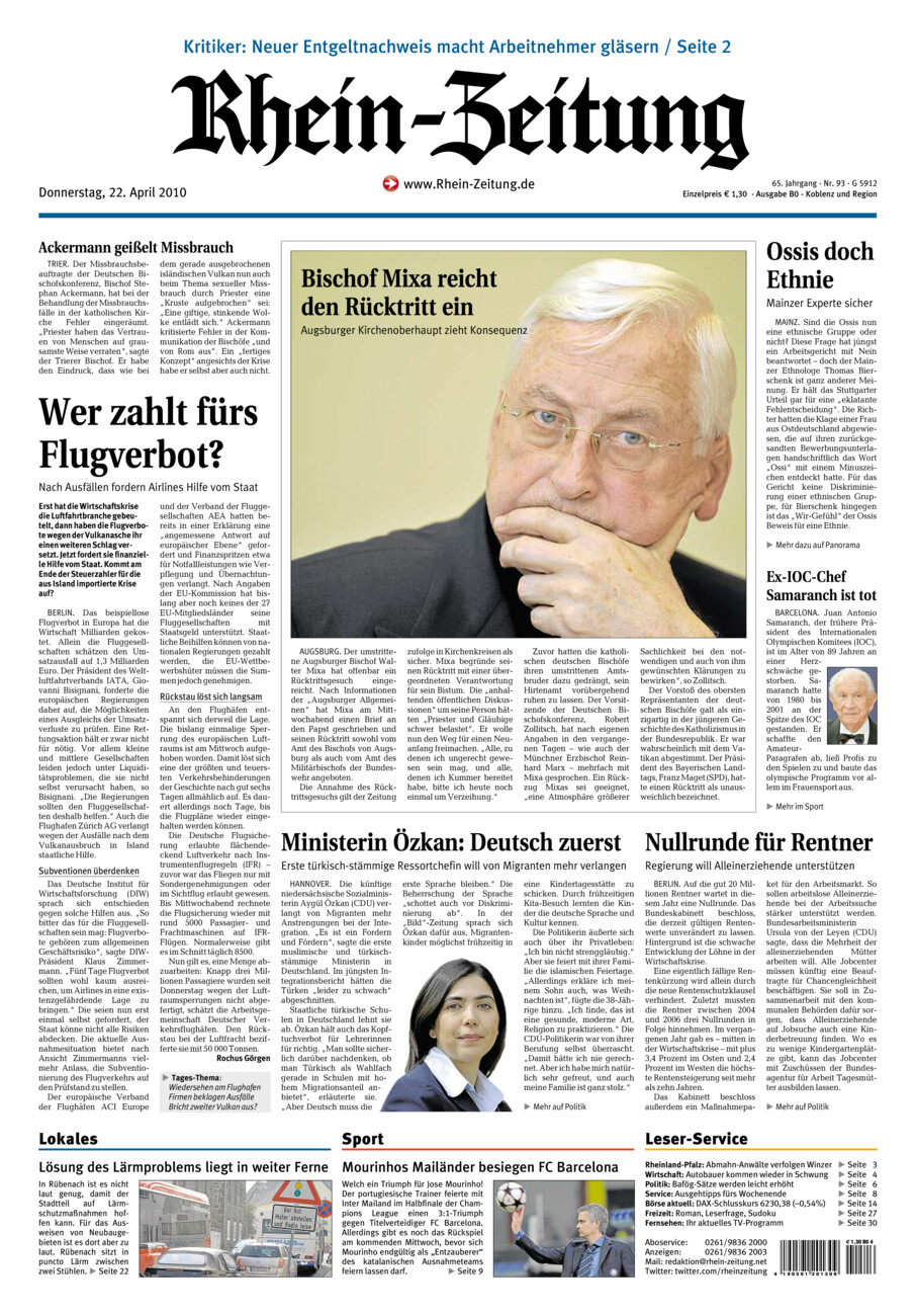 Rhein-Zeitung Koblenz & Region vom Donnerstag, 22.04.2010