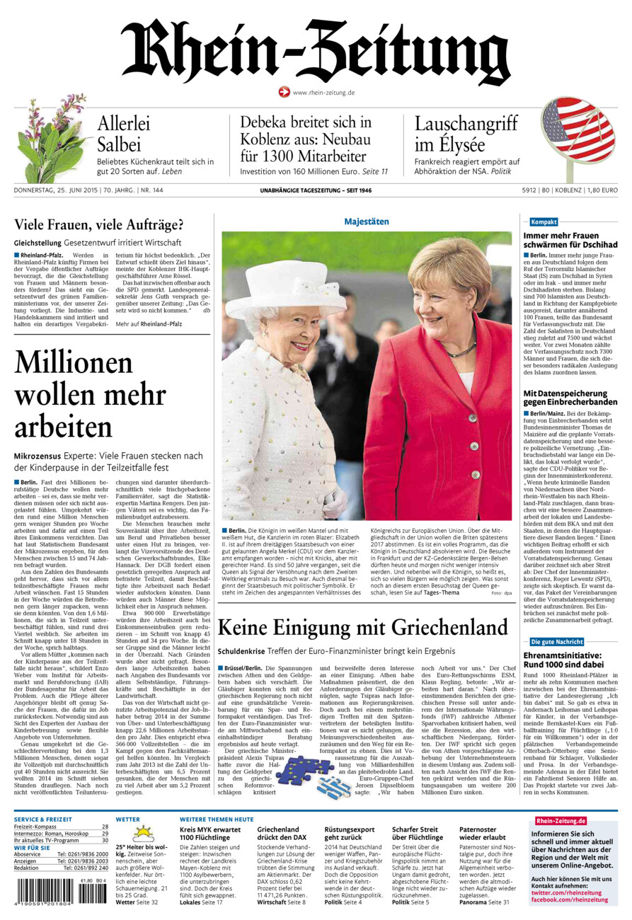 Rhein-Zeitung Koblenz & Region vom Donnerstag, 25.06.2015