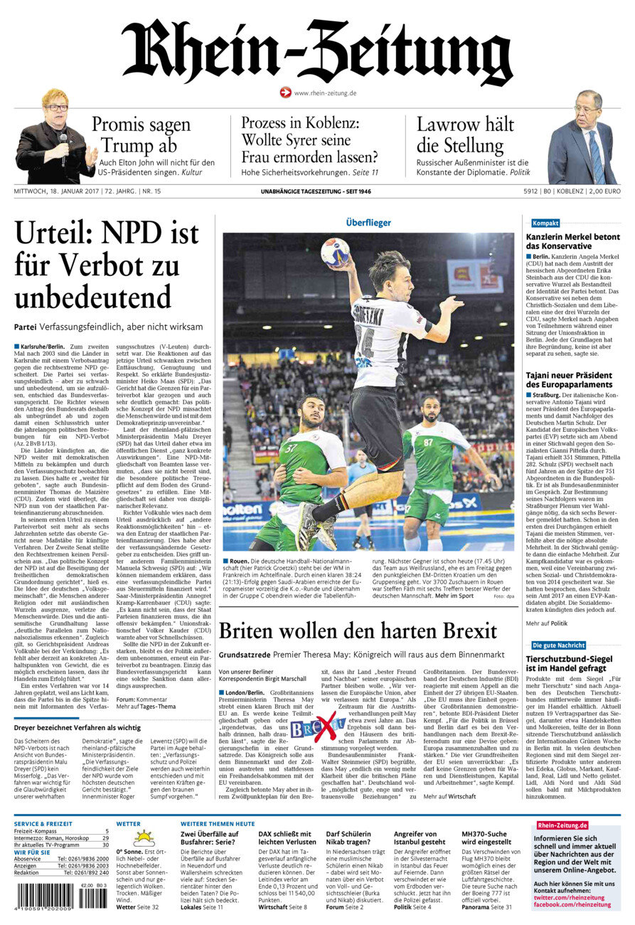 Rhein-Zeitung Koblenz & Region vom Mittwoch, 18.01.2017
