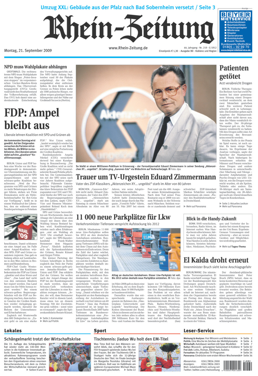 Rhein-Zeitung Koblenz & Region vom Montag, 21.09.2009