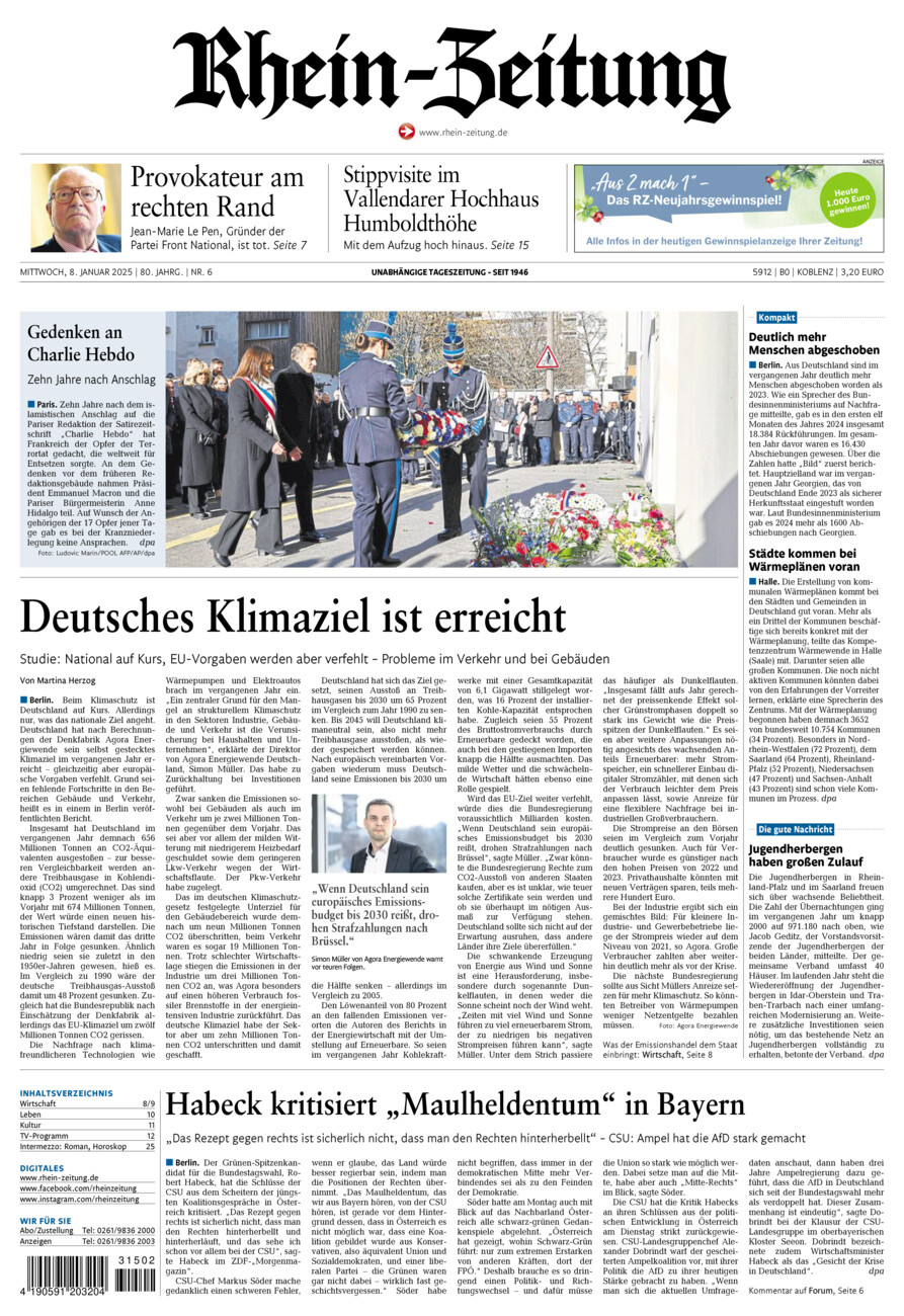 Rhein-Zeitung Koblenz & Region vom Mittwoch, 08.01.2025