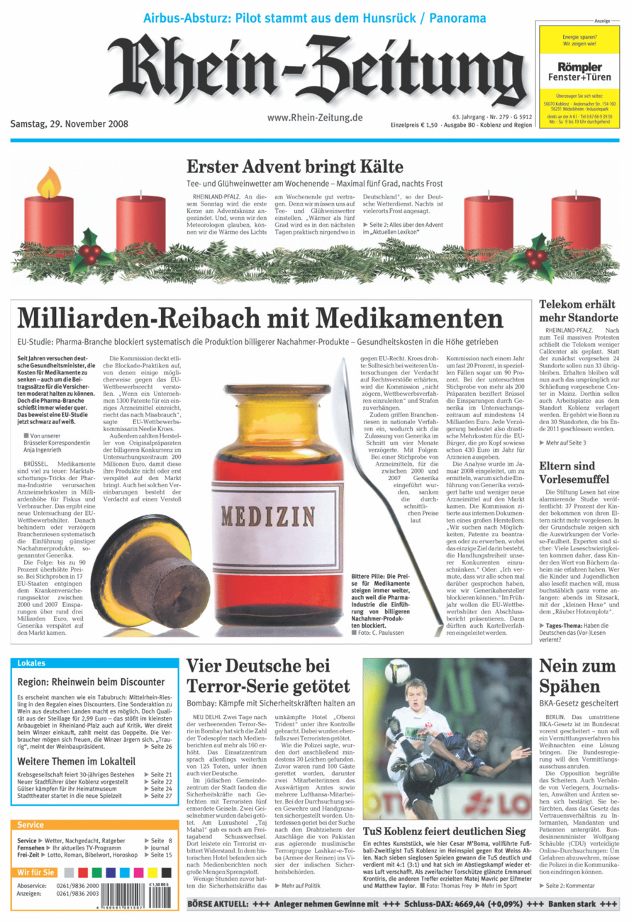 Rhein-Zeitung Koblenz & Region vom Samstag, 29.11.2008