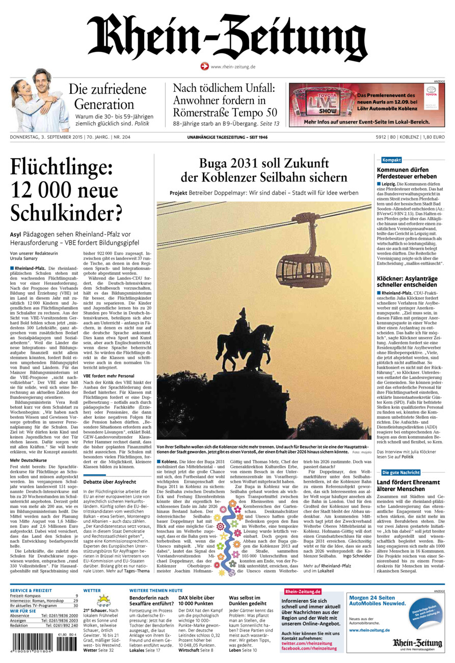 Rhein-Zeitung Koblenz & Region vom Donnerstag, 03.09.2015