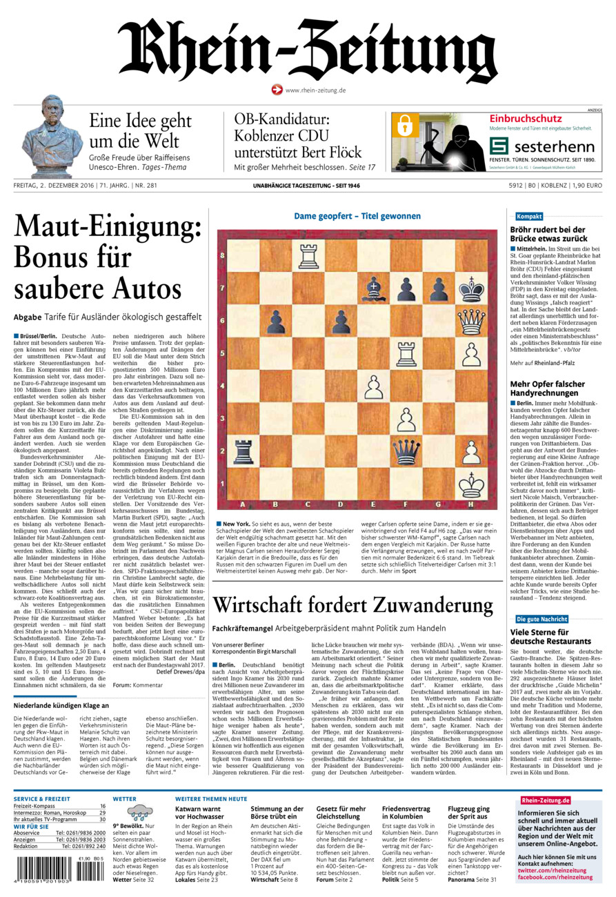 Rhein-Zeitung Koblenz & Region vom Freitag, 02.12.2016