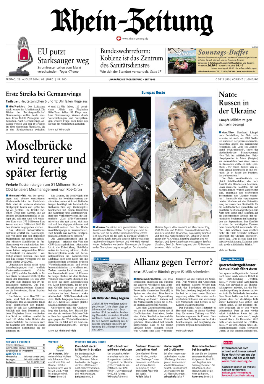 Rhein-Zeitung Koblenz & Region vom Freitag, 29.08.2014