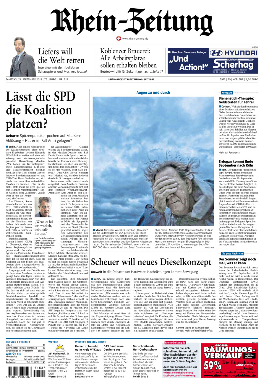 Rhein-Zeitung Koblenz & Region vom Samstag, 15.09.2018