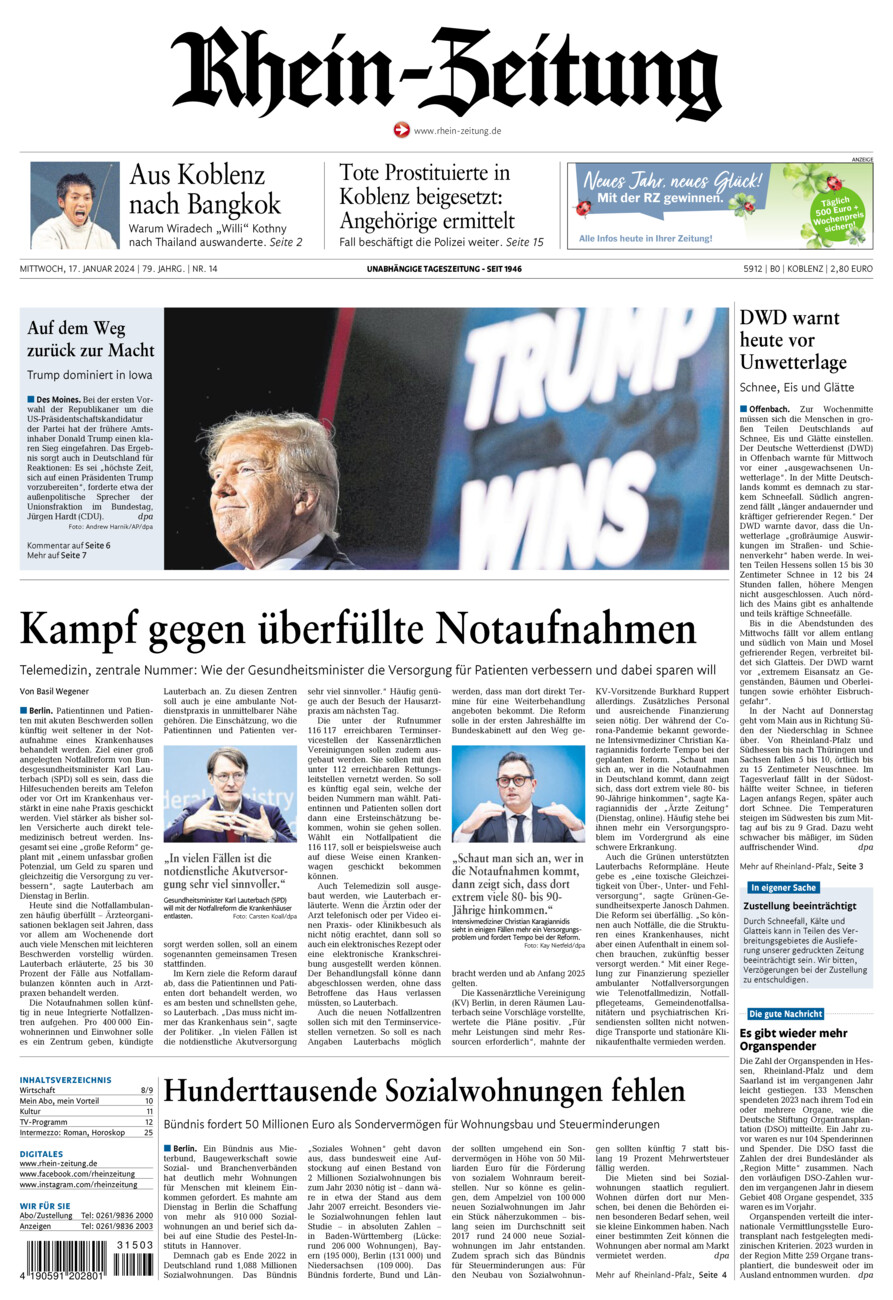 Rhein-Zeitung Koblenz & Region vom Mittwoch, 17.01.2024