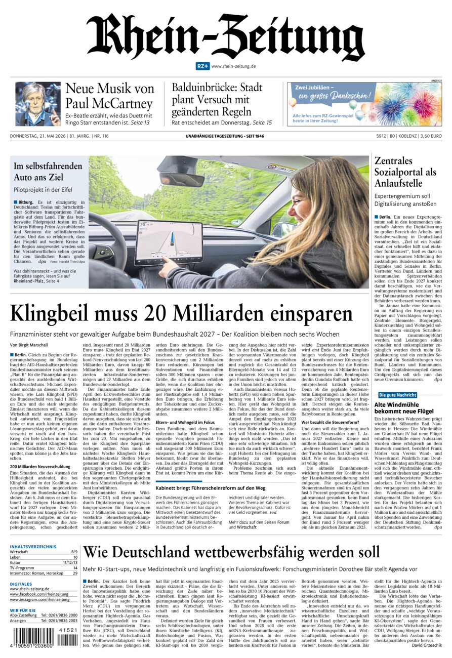 Rhein-Zeitung Koblenz & Region vom Donnerstag, 21.05.2026