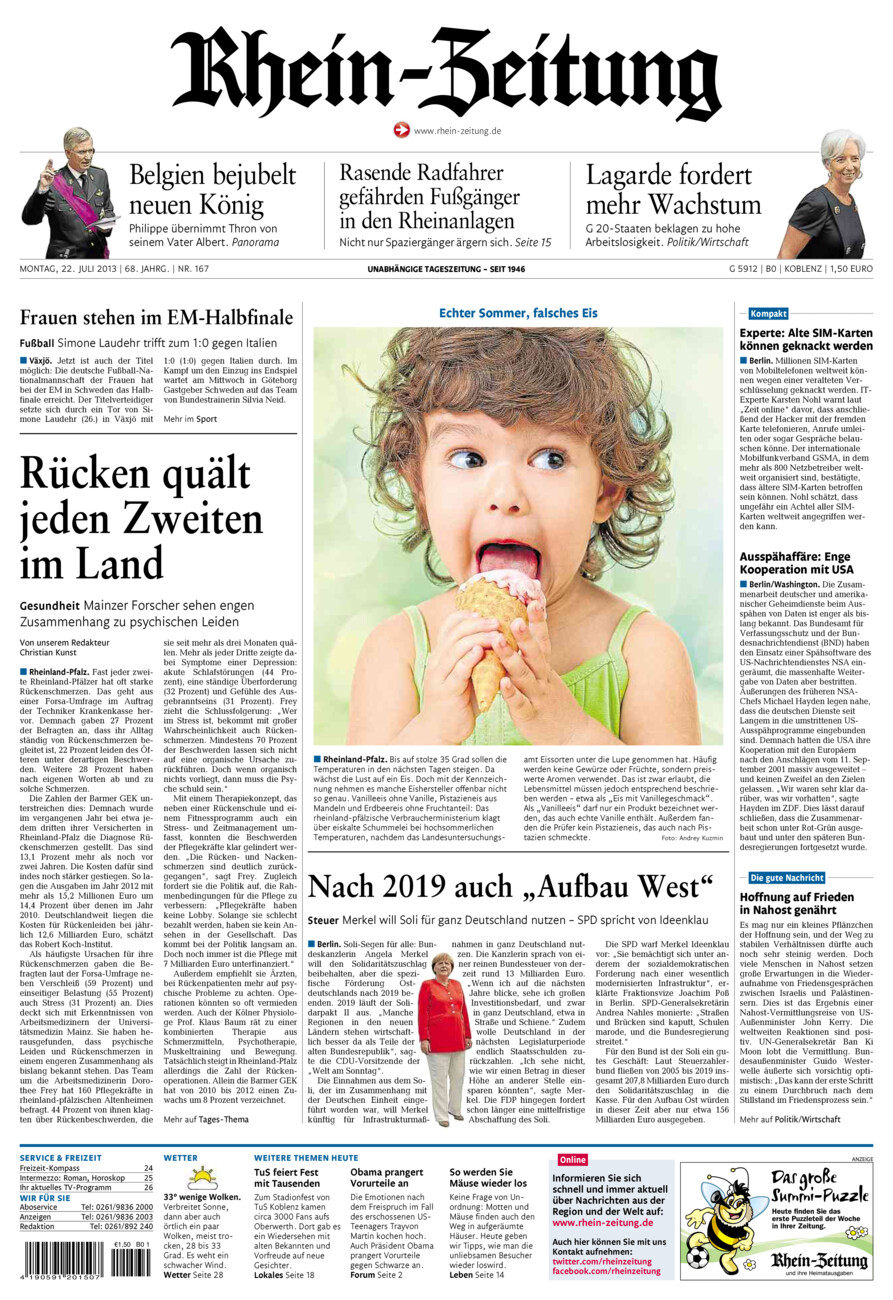 Rhein-Zeitung Koblenz & Region vom Montag, 22.07.2013