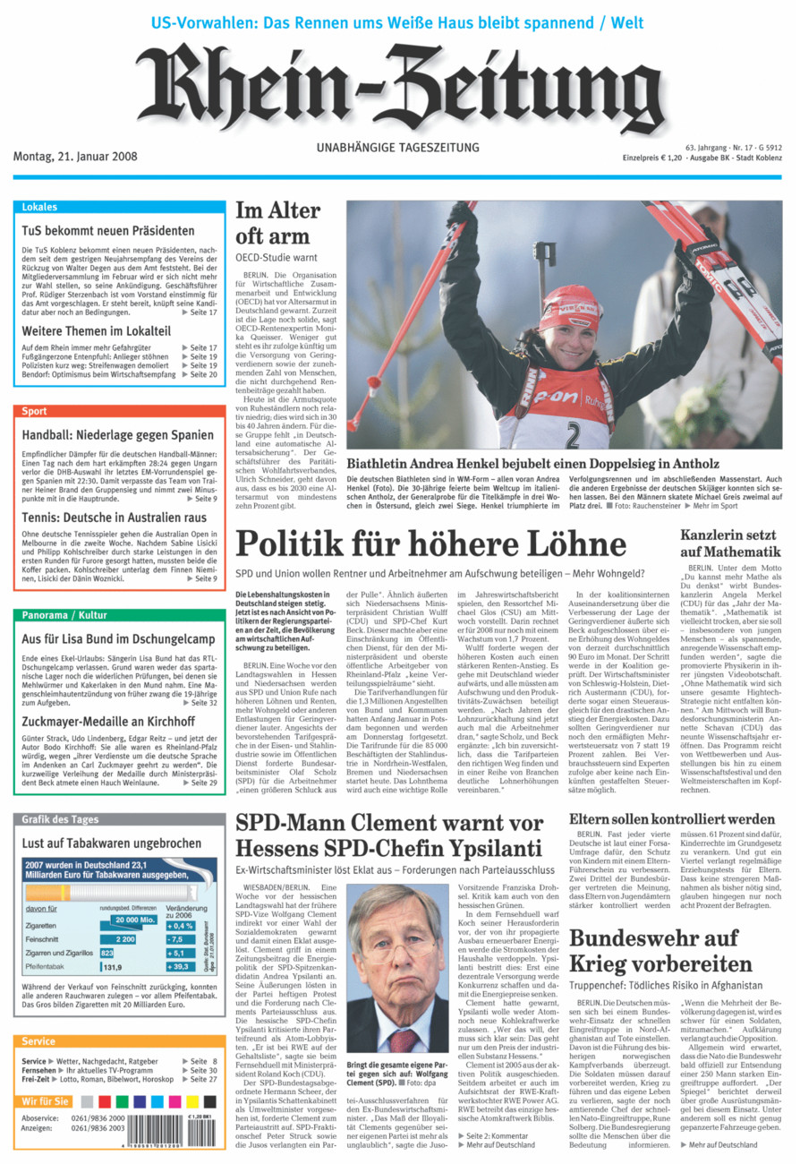Rhein-Zeitung Koblenz & Region vom Montag, 21.01.2008