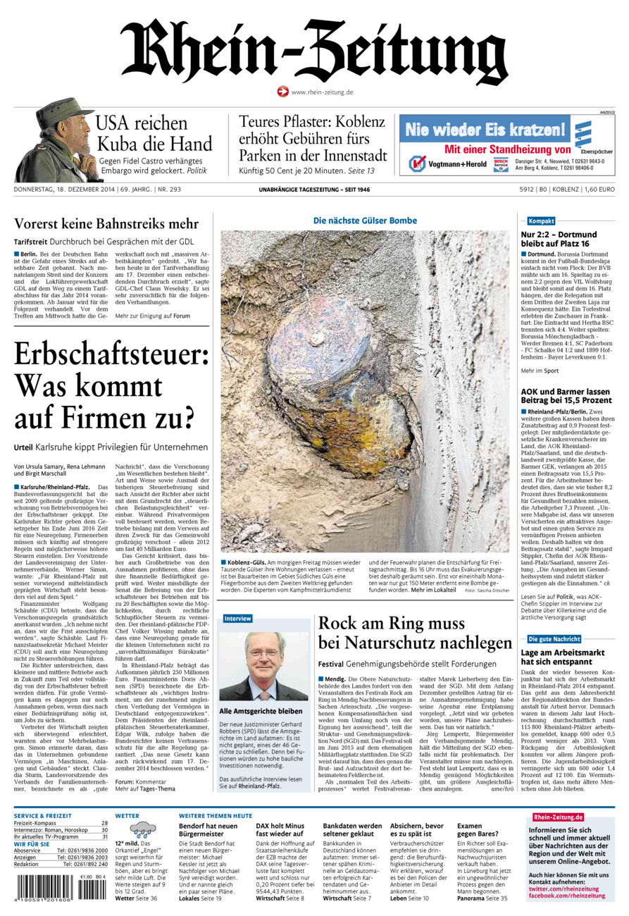 Rhein-Zeitung Koblenz & Region vom Donnerstag, 18.12.2014