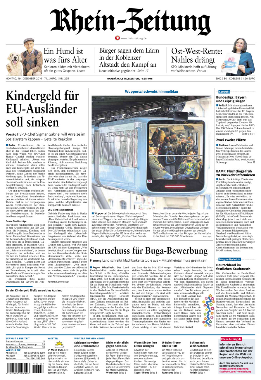 Rhein-Zeitung Koblenz & Region vom Montag, 19.12.2016