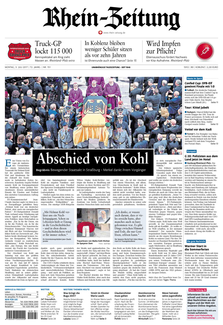 Rhein-Zeitung Koblenz & Region vom Montag, 03.07.2017