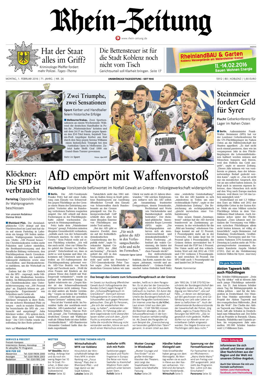 Rhein-Zeitung Koblenz & Region vom Montag, 01.02.2016