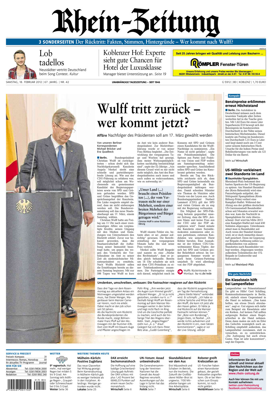 Rhein-Zeitung Koblenz & Region vom Samstag, 18.02.2012