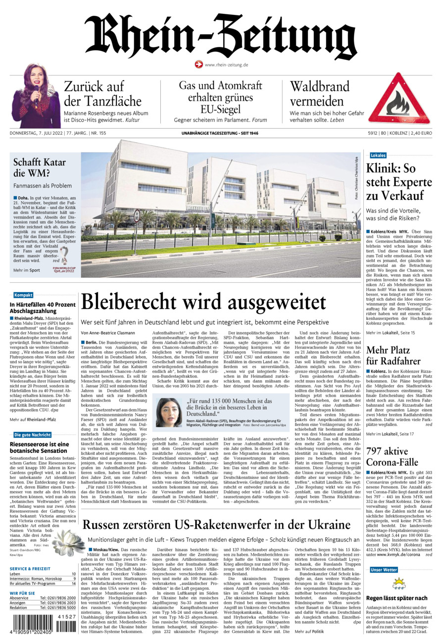 Rhein-Zeitung Koblenz & Region vom Donnerstag, 07.07.2022