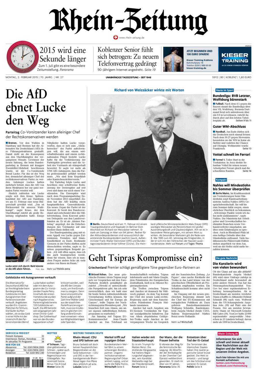 Rhein-Zeitung Koblenz & Region vom Montag, 02.02.2015