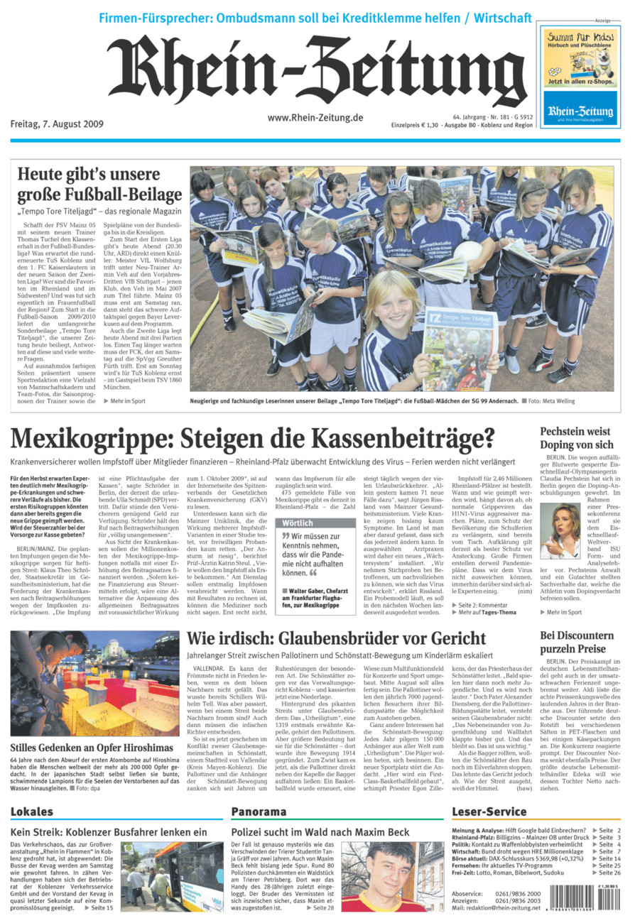 Rhein-Zeitung Koblenz & Region vom Freitag, 07.08.2009