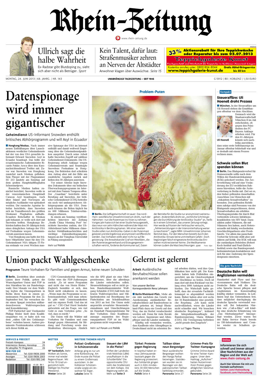 Rhein-Zeitung Koblenz & Region vom Montag, 24.06.2013