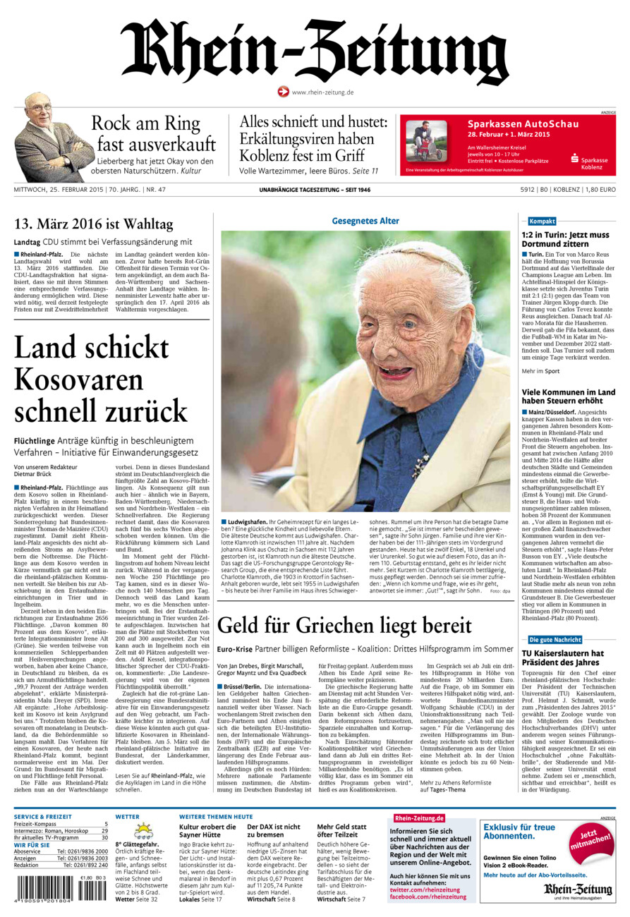 Rhein-Zeitung Koblenz & Region vom Mittwoch, 25.02.2015